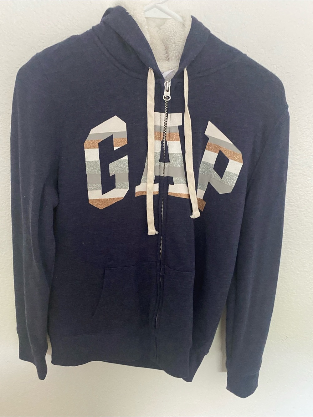 GAP Men's Navy Full-Zip Hoodie with Striped Logo